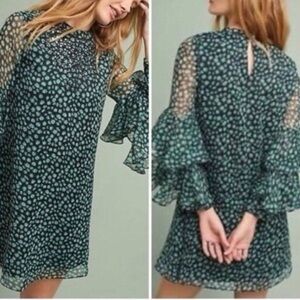Anthropologie Ranna Gill Fluttered Tunic Dress Mirror Floral Green Black Size XS